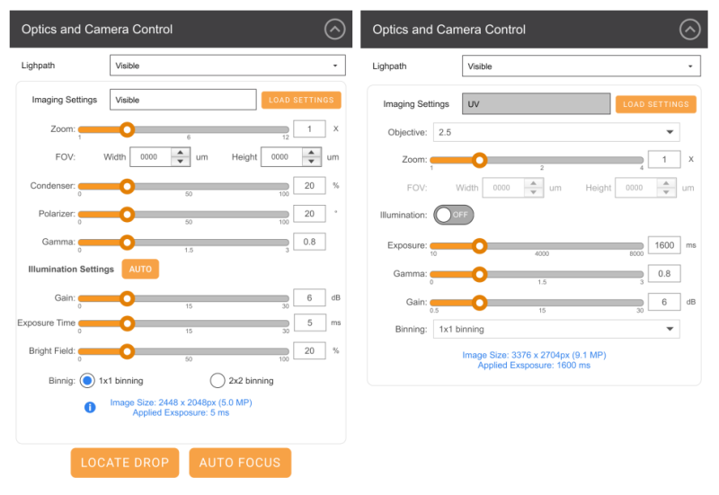 Visible (left) and Ultraviolet (right) Optics and Camera Controls