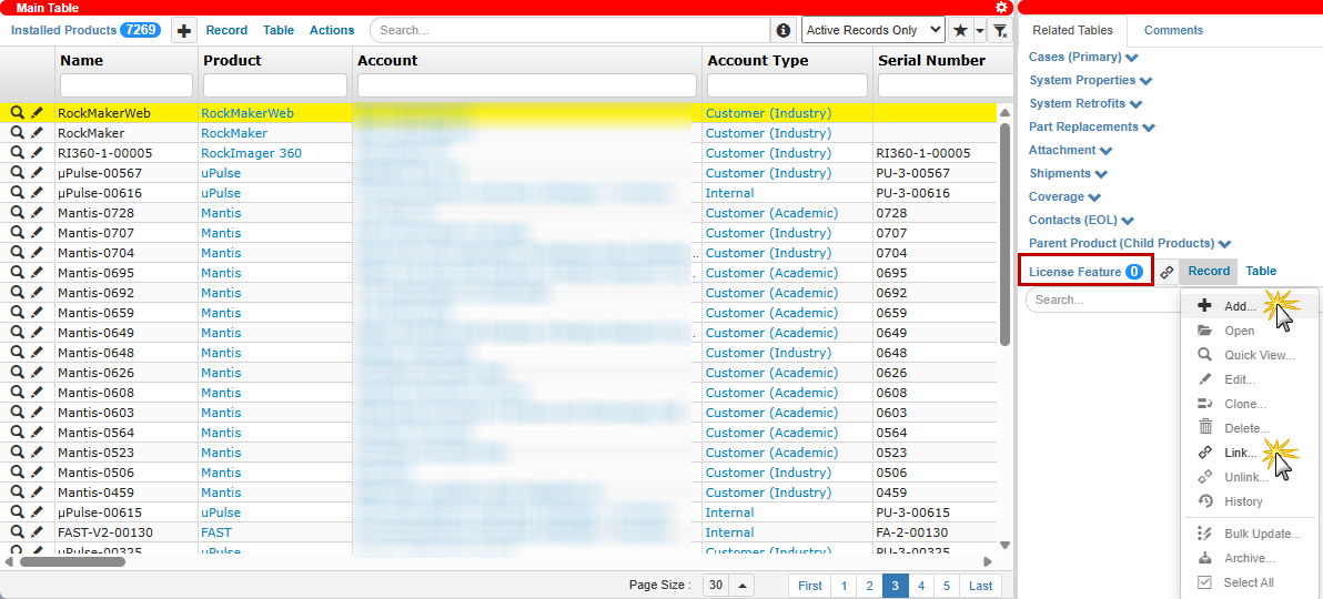 Adding or Linking License Feature from the Installed Products Table