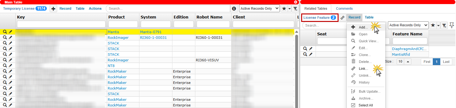Adding or Linking License Feature from the Temporary License Table