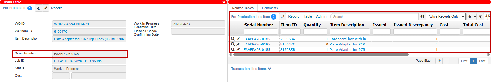 For Production Line Item Records for One Serial Number