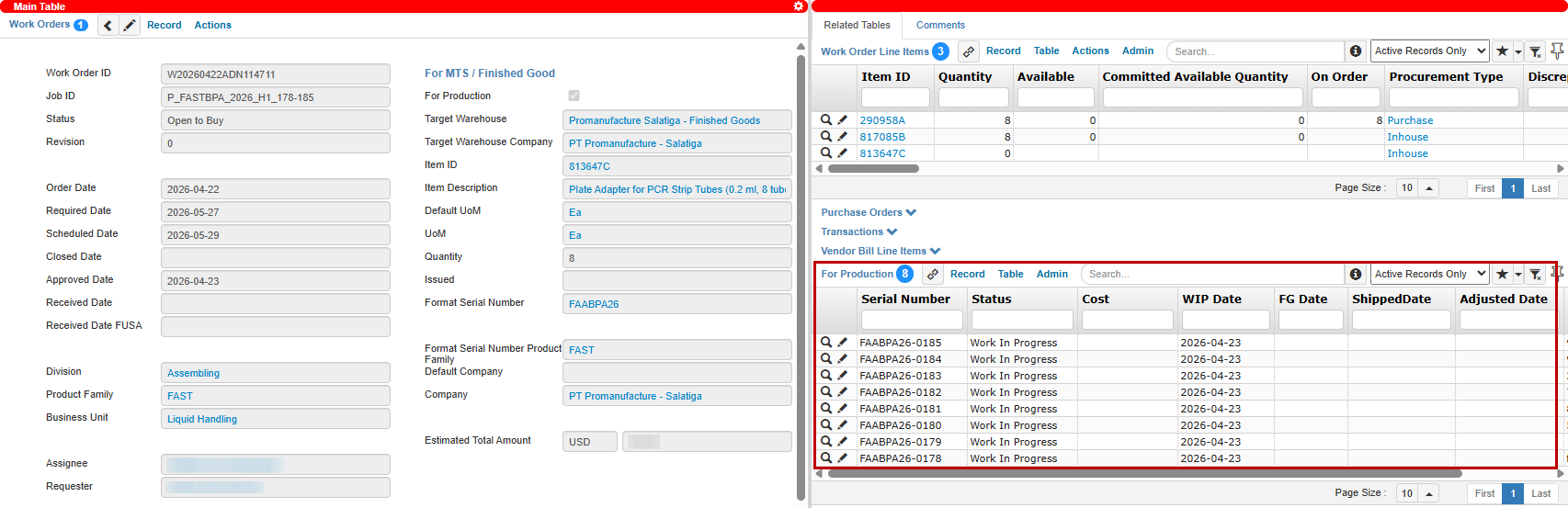 For Production Records for Several Serial Numbers