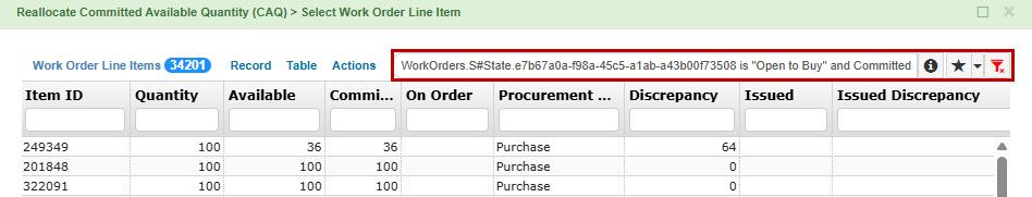 Applied Filters When Selecting Origin WOs