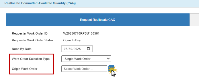 Single Work Order Selection Type