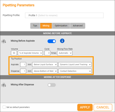 Mixing Tab in Regular Pipetting Parameters