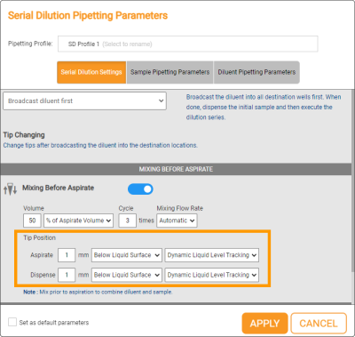 Serial Dilution Settings Tab in the Serial Dilution Pipetting Parameters