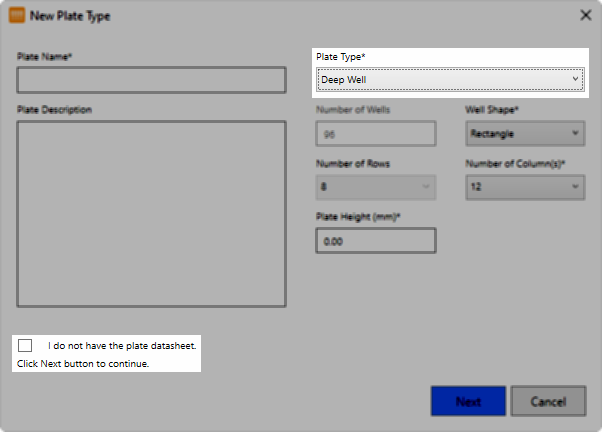 A Checkbox to Allow Adding New Deep Well Plates without Datasheet