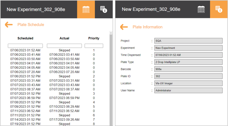 Plate Schedule (Left) and Plate Information (Right)