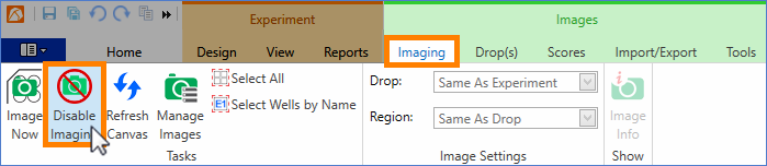 The Disable Imaging Button in the Imaging Tab of the Images Contextual Tab Set