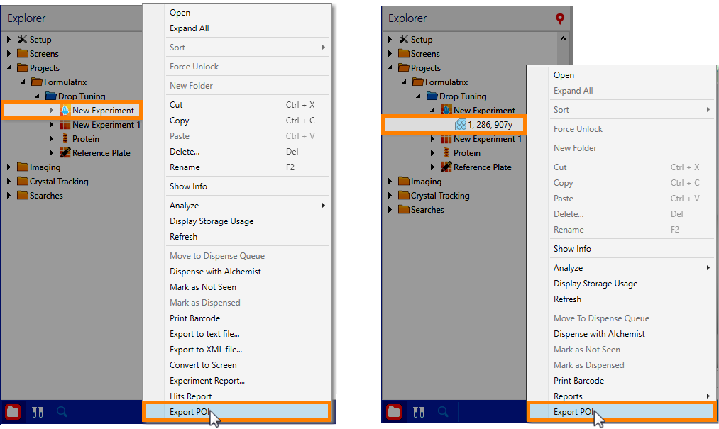 Exporting Points of Interest by Right-clicking on the Experiment Node (Left) and by Right-clicking the Plate Node (Right)