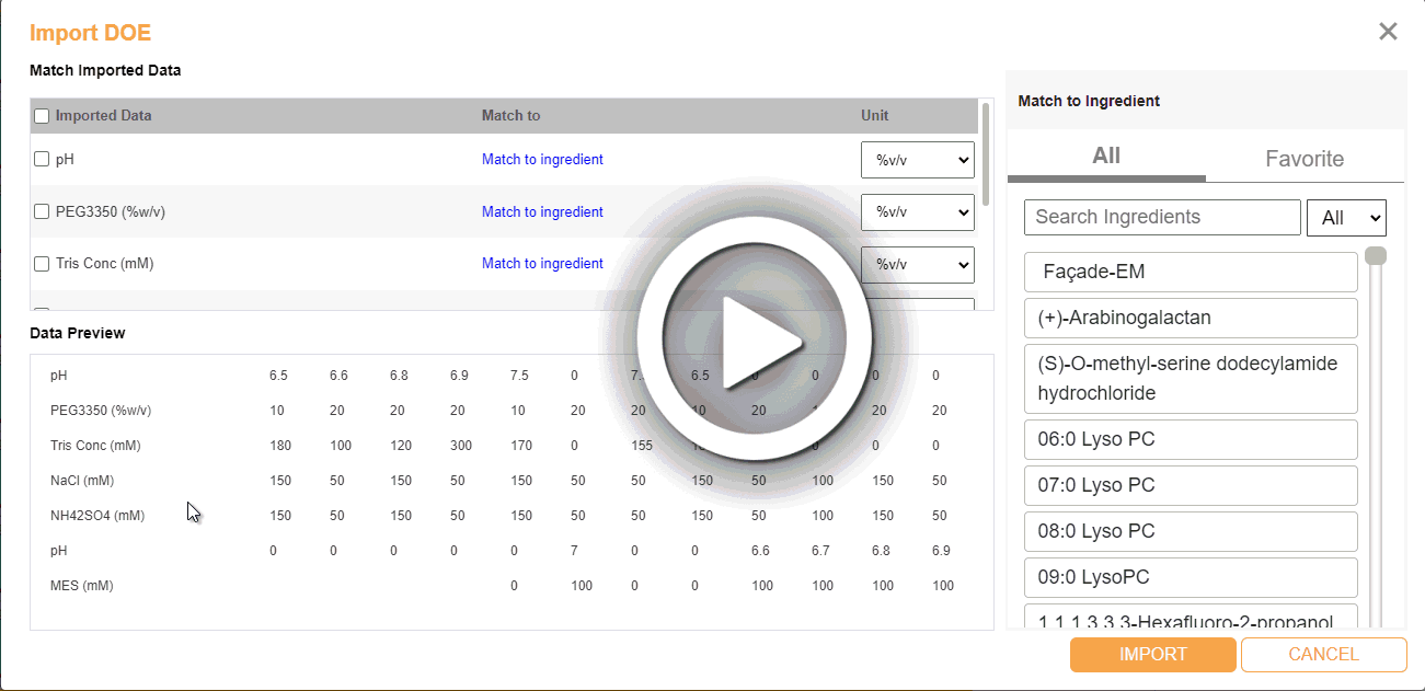 Importing Ingredients Using DoE — ROCK MAKER 4.10 documentation