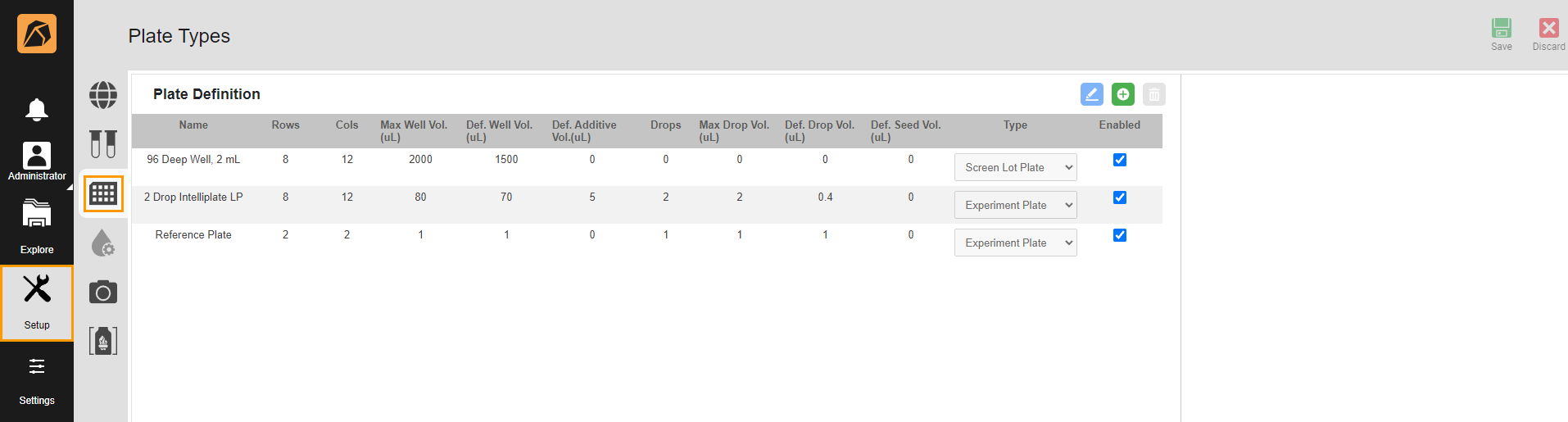 Setup Menu and Plate Types Submenu