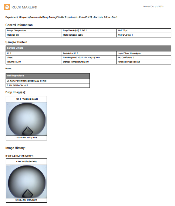 Single Drop Report — ROCK MAKER 4.7 documentation