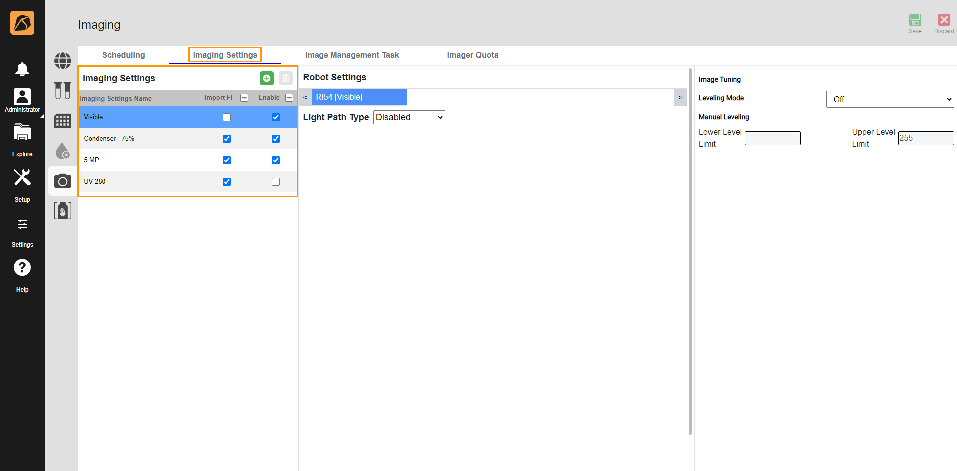 Imaging Settings Tab