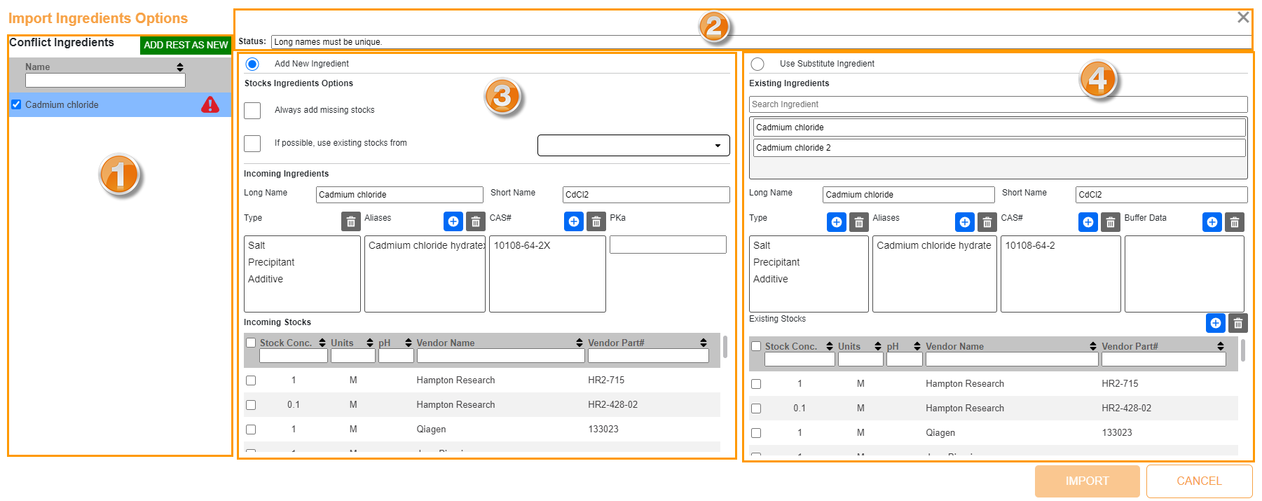 Import Ingredients Options Dialog Box