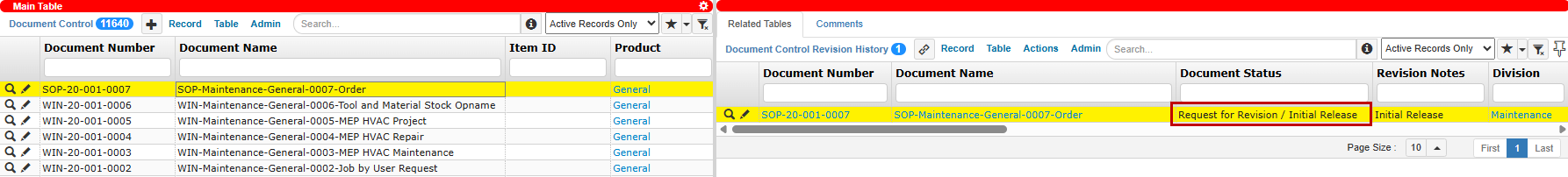 A Revision History Record with Request for Revision / Initial Release Status