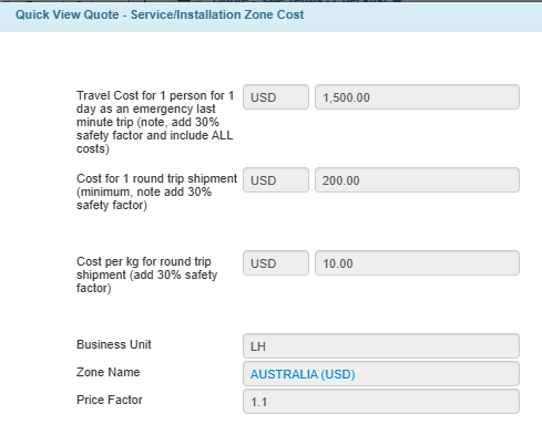 Installation Costs and Price Factor for LH in Australia Zone