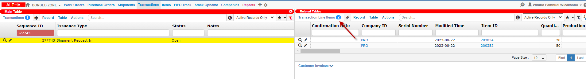 Open Shipment Request In Transaction