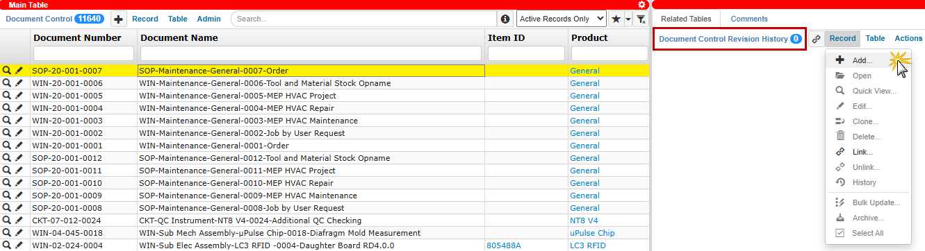 Add a New Document Control Revision History Record