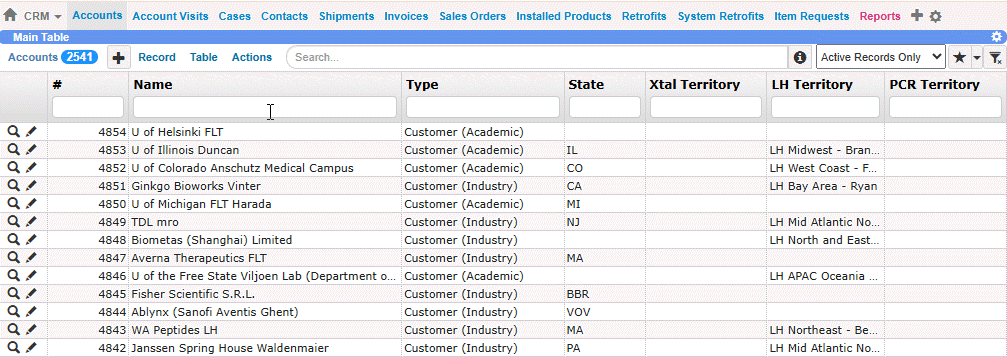 Pinning a Search Filter in the Name Column of the Accounts Table