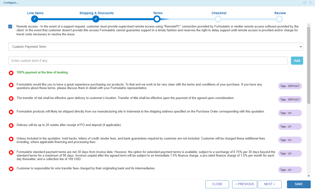 Sales Terms with LH Tag in the Terms Section