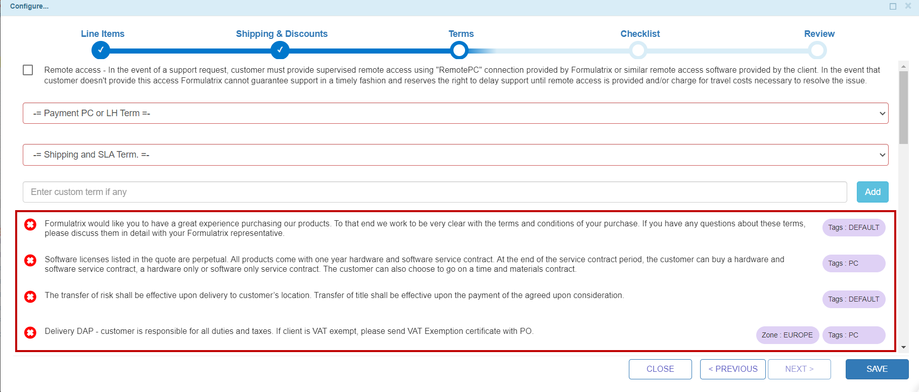 Sales Terms with Product Tag in the Terms Section
