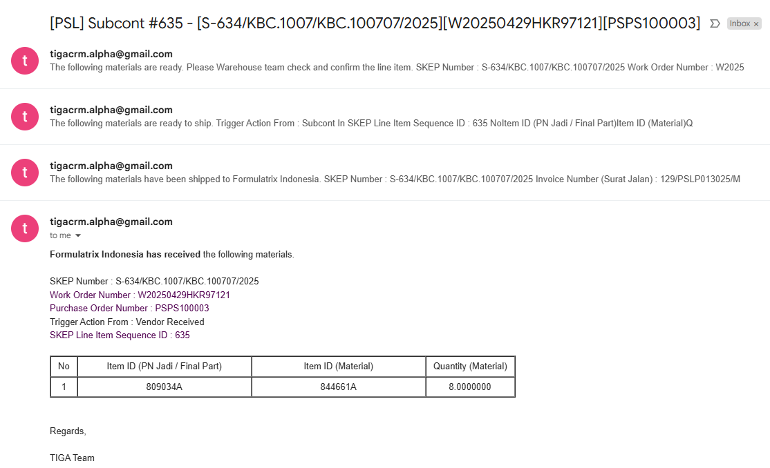 Vendor Received Materials Email Notification
